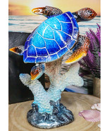 Nautical Ocean Blue Giant Sea Turtle Swimming By White Corals Figurine 8... - $28.99