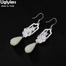 100% Real 925 Sterling Silver Handmade Flower Earrings Natural Jade Magnolia Flo - £53.96 GBP