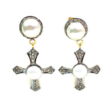 Victorian 2.00ct Rose Cut Diamond Pearl Ladies Wedding Cross Earrings - £435.40 GBP