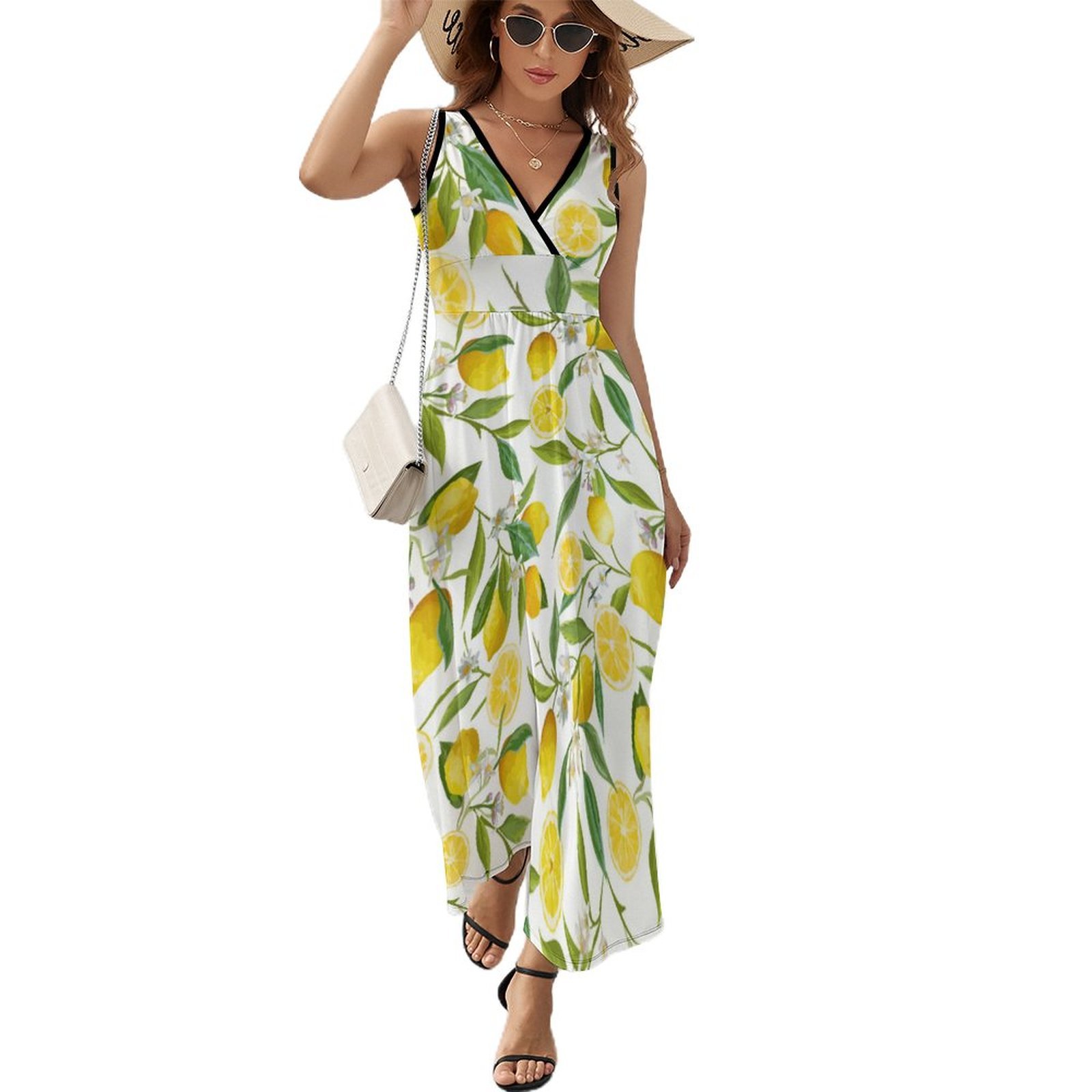 Mondxflaur Yellow Lemon Summer Dresses for Women V-neck Sleeveless Long Dress