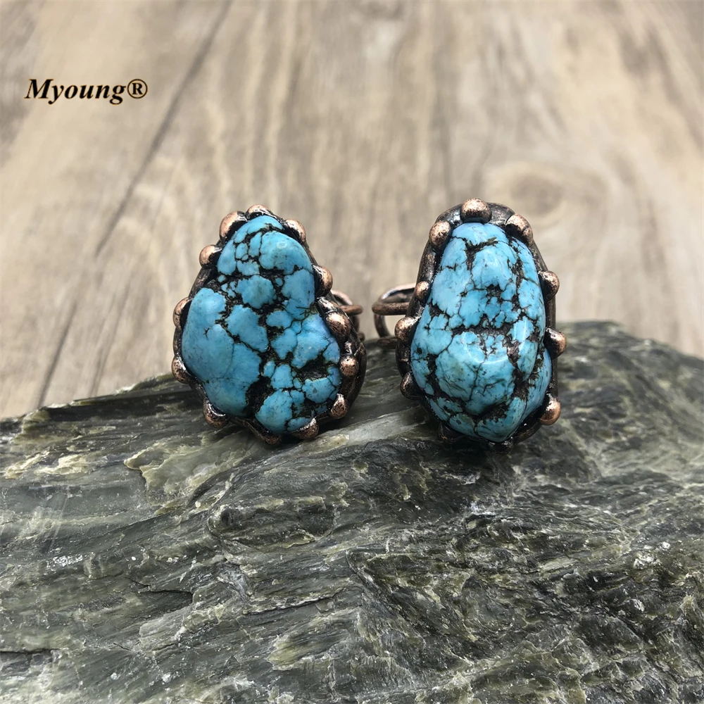 10PCS Boho Jewelry Bronze Plated Soldered Irregular Blue Turquoises Stone Vintag - $73.93