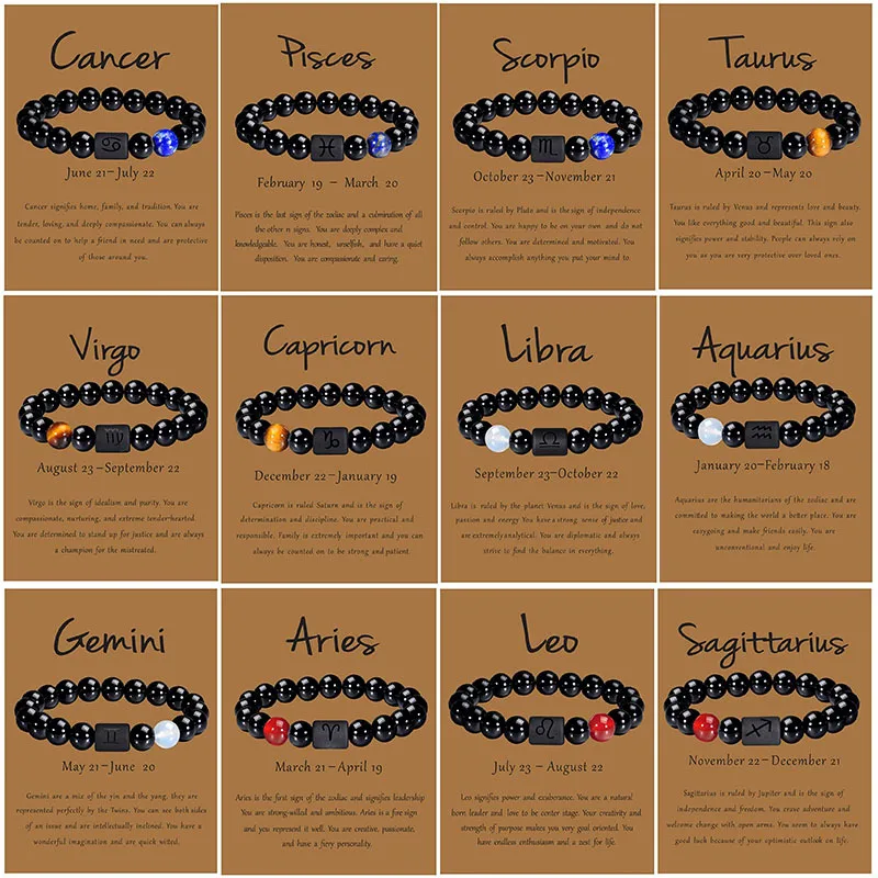 House Home 12 Constellation Bracelets Natural Black Onyx Bead Bracelet Star Sign - £19.93 GBP