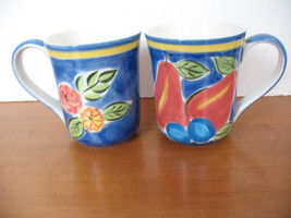 VTG April Cornell Pears Flowers 2 Cups Mugs Vibrant Blue Handpainted 12 oz  NICE - £15.13 GBP