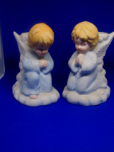Two Angel Taper Candle Holders, Stable Base Ceramic Lt Blue White (Shelf) - £9.55 GBP