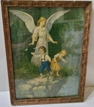 Vintage The Guardian Kids on a Cliff German Picture Angel Hands Out Frame 13x17  - £110.04 GBP
