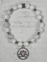 Howlite Tube Spacer White Silver Lotus Charm Stretch Bracelet Handmade 7.5&quot; New - £14.70 GBP