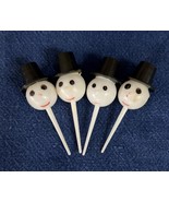 Vintage 4 Cake Toppers Snowmen Heads w Black Top Hats Black Eyes - $221.48 MXN