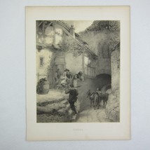 Antique 1800s Lithograph Stop German Peasants Men Tavern Traveler Donkeys RARE - £39.95 GBP