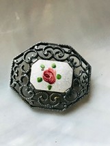 Vintage White Enamel Rectangle w Pink Rose in Curlicue Cut-Out Oxidized SIlverto - £10.28 GBP