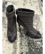 CHANEL 39 C GREY LEATHER BLUE CAP TOE BOOTIE HIDDEN PLATFORM ANKLE BOOTS - $815.07 CAD