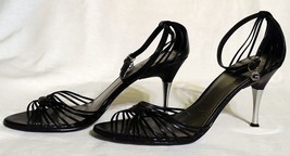 Guess Sexy Black Leather Open Toe High Metal 3.5&quot; Heels Shoes Straps G-CHARM 9M - £11.86 GBP