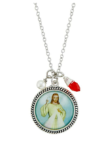 Divine Mercy Jesus Circle Disc Necklace Pendant with Red &amp; White Beads Catholic - £11.58 GBP