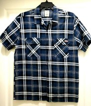Dickies Button Up Shirt Mens L Blue Short Sleeve Plaid Double Chest Pockets - $24.65