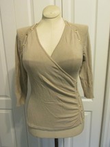 CACHE Beige 3/4 Sleeve V-Neck Surplice Knit Top sz SM Grommets Ruched Stretchy  - £15.92 GBP