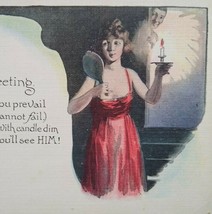 Halloween Postcard Women With Candle And Mirror Man Peeking Series 363 Unused - £51.02 GBP