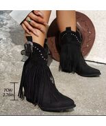 Fringed Black Faux Suede Leather Pointed Toe Block Heel Ankle Cowgirl Boots - $102.95