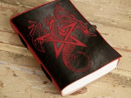 Leather Journal Book of Shadows Embossed Pentagram &amp; Dragon, Brass Latch - £16.81 GBP