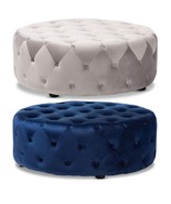 Royal Blue / Slate Gray Velvet Round Tufted Cocktail Ottoman Coffee Tabl... - $570.49 CAD