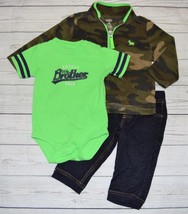 Infant 12m CARTERS 3pc Outfit Fleece Camo Sweatshirt Snap Shirt Jeans Brother - £7.18 GBP