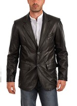 Leather Blazer Jacket Coat Men&#39;s Button Lambskin Soft Two Vintage Slim Black 13 - $51.43+