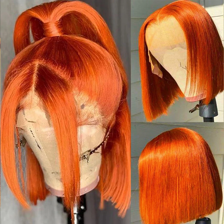 Orange Ginger Lace Front Human Hair Wigs For Women Short Bone Straight Bob Wig - £49.72 GBP+
