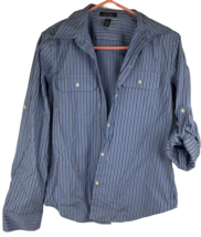 LRL Lauren Jeans Co. Blue w Blue Stripe Button Up Shirt Roll Tab Sleeve ... - $19.79