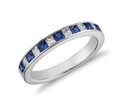 Blue Sapphire and Diamond Princess Cut Band Crafted in 14 Karat White Gold - £959.21 GBP