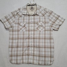 Guess Men&#39;s Shirt Size 2XL XXL Tan Plaid Pearl Snap Short Sleeve Casual - $22.87