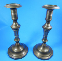 Vintage Pair Solid Brass 10&quot; Candlestick Holders Patina Circular Base Geometric - £19.38 GBP