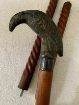 Brass Crow Handle Victorian Wood Walking Stick Cane  Spiral Carved 37&quot; - £27.76 GBP