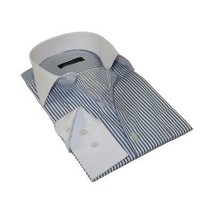 Men's Shirt MARCUZZI Turkey 100% Cotton Marc4 Navy Stripe White Collar and Cuffs image 2