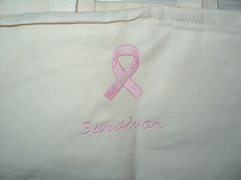 Breast Cancer Survivor Ribbon Tote Bag Natural Cotton Canvas 13&quot; H x 14&quot;... - £10.66 GBP