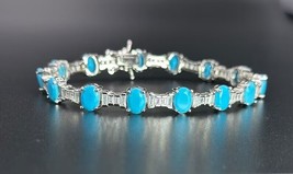 5Ct Oval Cut Lab Created Turquoise Women&#39;s Tennis Bracelet 14K White Gold Plated - £279.76 GBP