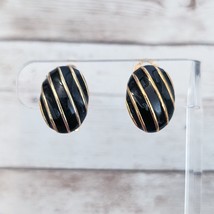 Vintage Clip On Earrings 7/8&quot; Black with Gold Tone Lines - £12.01 GBP
