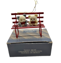 Vintage Avon Teddy Bear Metal Ornament Teddies On A Red Bench - $7.69