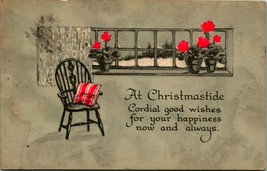 Chair Window Flowers Good Wishes at Christmastide Gibson Lines 1920 DB Postcard - £5.48 GBP
