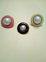 3PRS Vintage Clip Earrings Faux Mabe Pearl W/PINK, Cream &amp; Blk Enamel Surround - $28.00