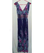plunging neck embroidered smocked waist polyester bohemian peacock maxi dress L - £14.15 GBP