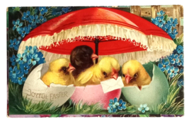 Joyful Easter Chicks Under Red Umbrella Embossed Gel Postcard c1900s Germany - £15.72 GBP