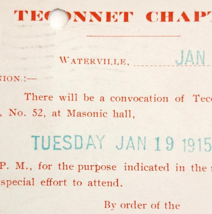 Masonic Hall Meeting Invitation Teconnet Chapter Maine 1915 Postcard PCBG5E - £39.50 GBP