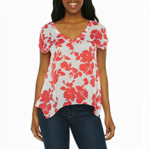 Bold Elements Women&#39;s V Neck Short Sleeve Blouse X-SMALL Red Floral Open Back - £17.77 GBP
