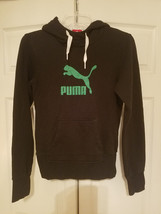 PUMA Green Graphic Logo Pullover Black Hooded Sweatshirt Hoodie Women&#39;s Size S - £15.78 GBP