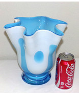 Vtg Hand Blown Cased Glass Handkerchief Vase Blue White Vase Mid Century... - £58.77 GBP