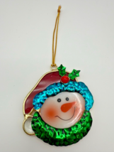 Stained Glass Snowman Ornament Handcrafted Holiday Decor Red Green Gold 4” - $15.47