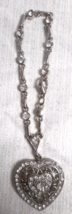 Heart Charm Filigree Floral Bracelet Silver-Tone 6&quot; Link Chain w Rhinestones GUC - £18.31 GBP