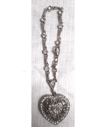 Heart Charm Filigree Floral Bracelet Silver-Tone 6&quot; Link Chain w Rhinest... - $22.99