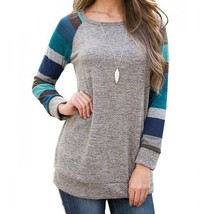 Chaoyige Long Sweater Womens M Gray Blue Striped Raglan Sleeve Scoop Neck Tunic - £6.51 GBP
