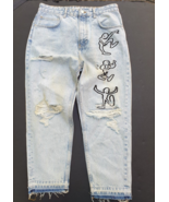 Zara Destroyed Graffitti Jeans 32 Loose Crop Womens Mens Unisex - £59.61 GBP