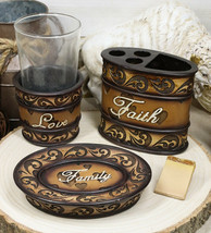 Rustic Tuscany Scroll Family Love Tumbler Cup Soap Dish &amp; Toothbrush Holder Set - £28.43 GBP