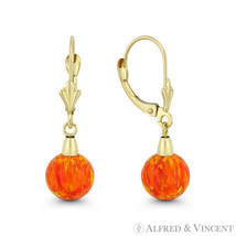 Orange Lab-Created Fire Opal Ball 14k Yellow Gold Leverback Drop Dangle Earrings - £101.48 GBP+